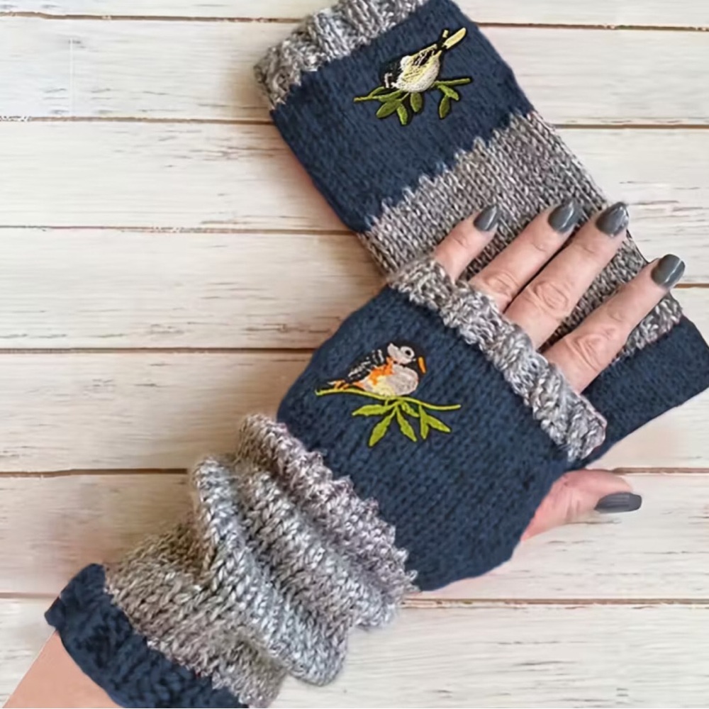 Long Fingerless Knitted Gloves Birds Blue OS